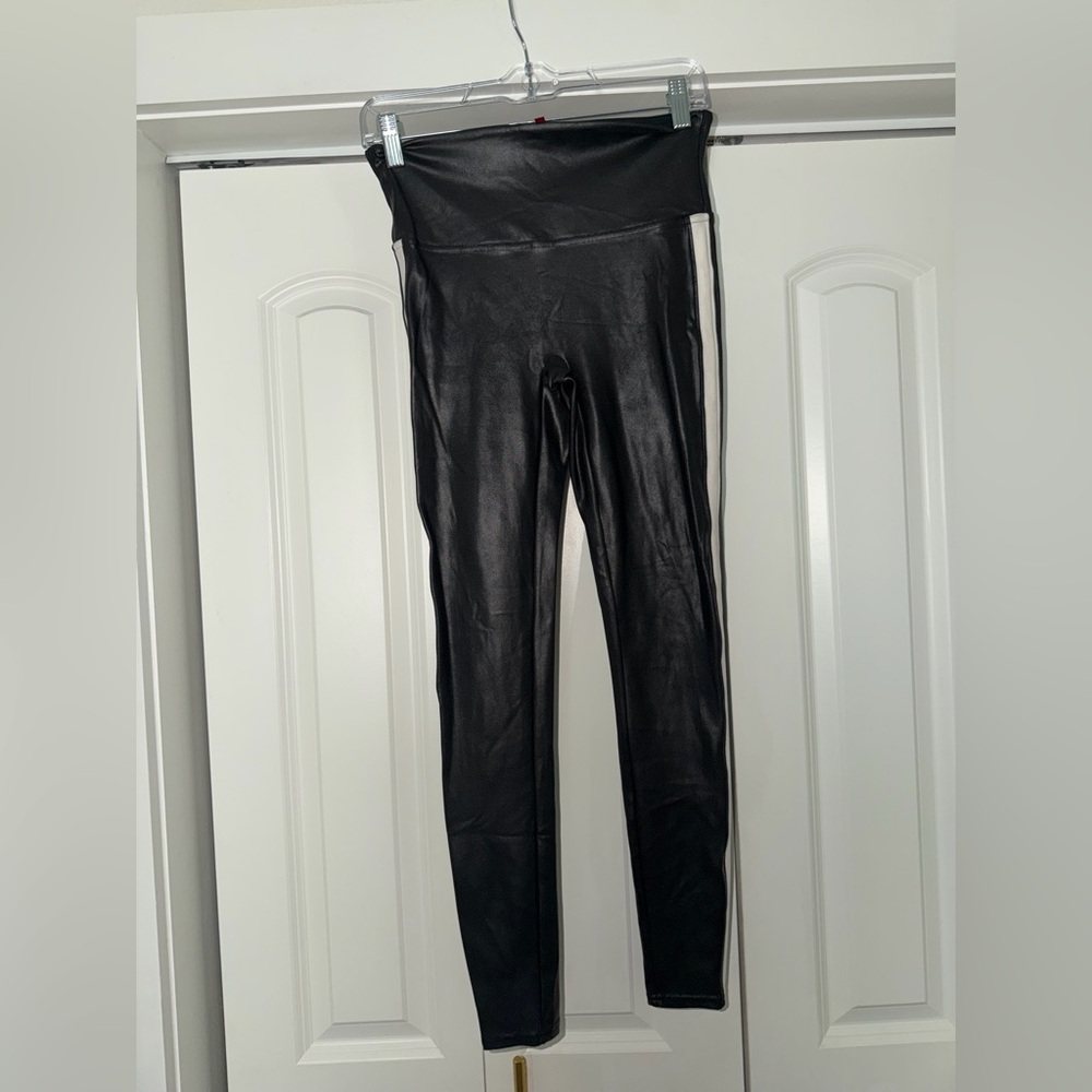 SPANX Black Faux Leather Leggings with Red Logo Tag